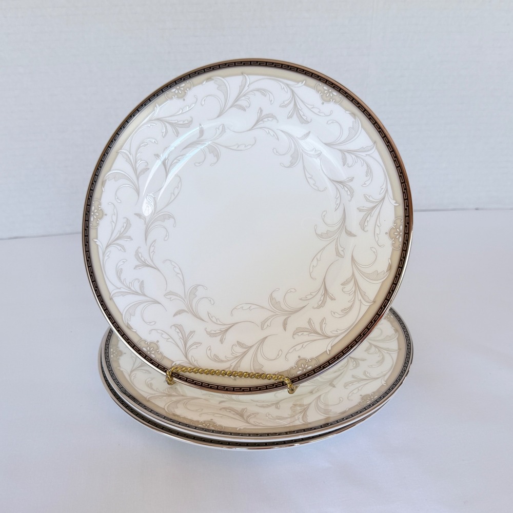 3 X Waterford Brocade Salad/Dessert Plates 8in Cream Tan Greek Key Excellent